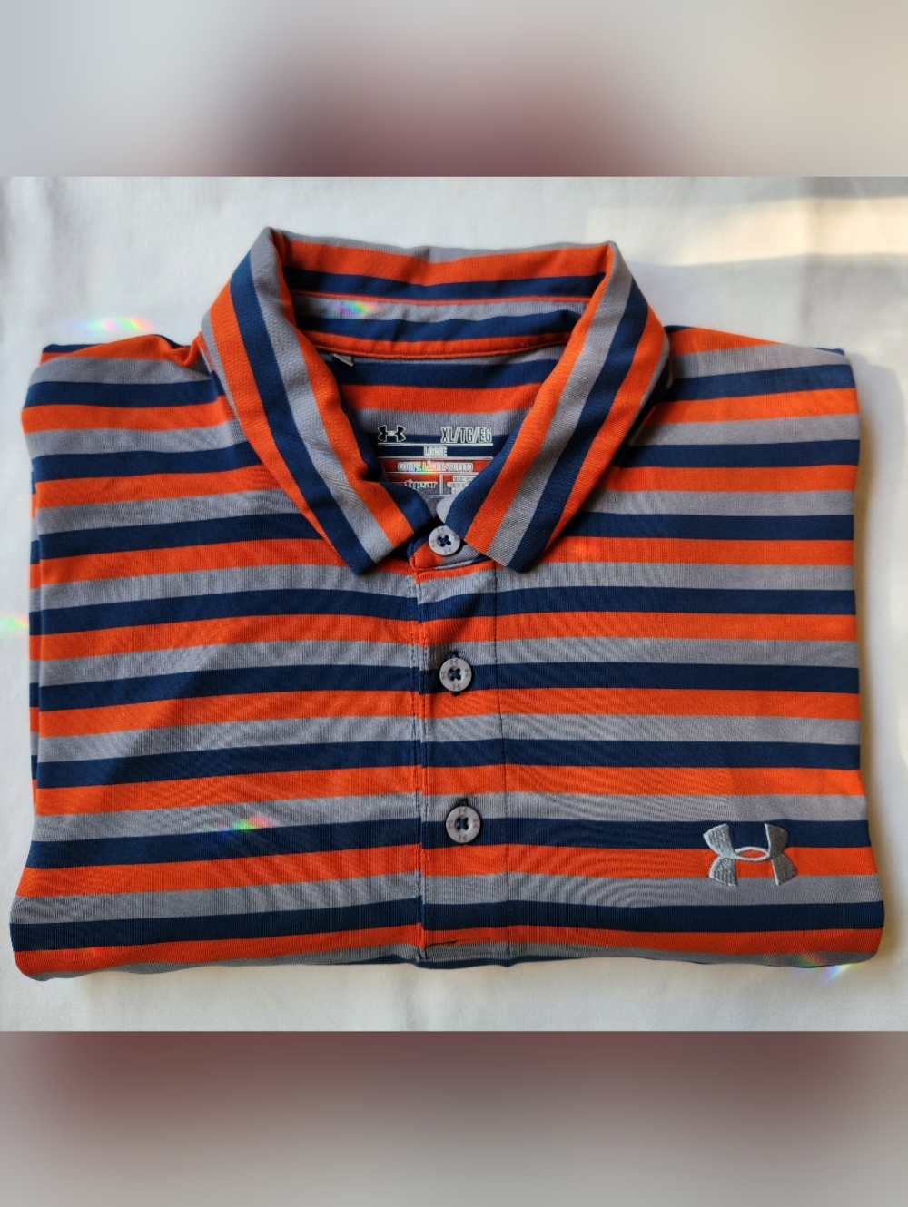 Under Armour XL Loose Orange, Navy Gray Stripe Performance Polo Embroidered Logo
